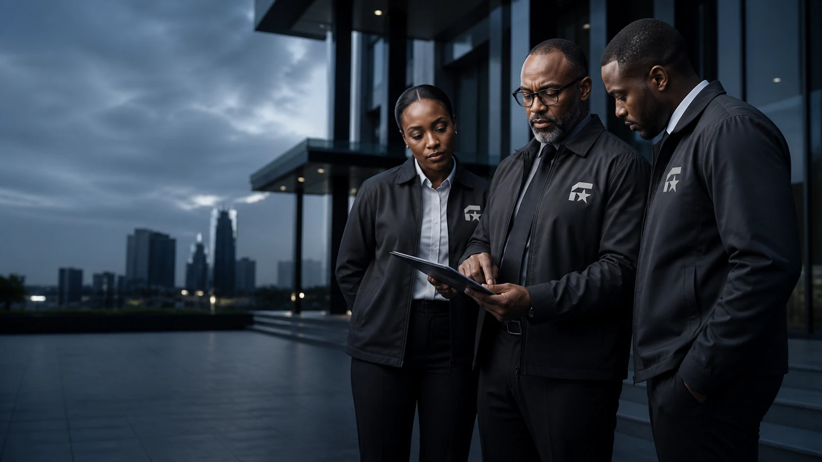 Équipe Falcon Security analysant un dispositif de protection stratégique